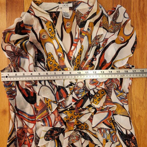 Y2K Cache Vibrant Elegant Shoe-Print Sleeveless Ruffled Button Up Blouse, Sz S - Picture 7 of 8